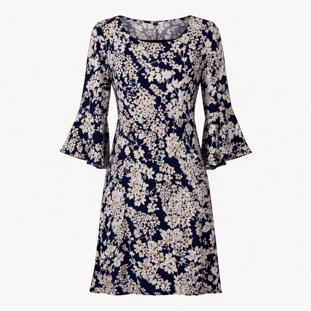 Vtg Olivia Matthews Dress Size M Floral Gold Derby Stretch Spring Bell Sleeves